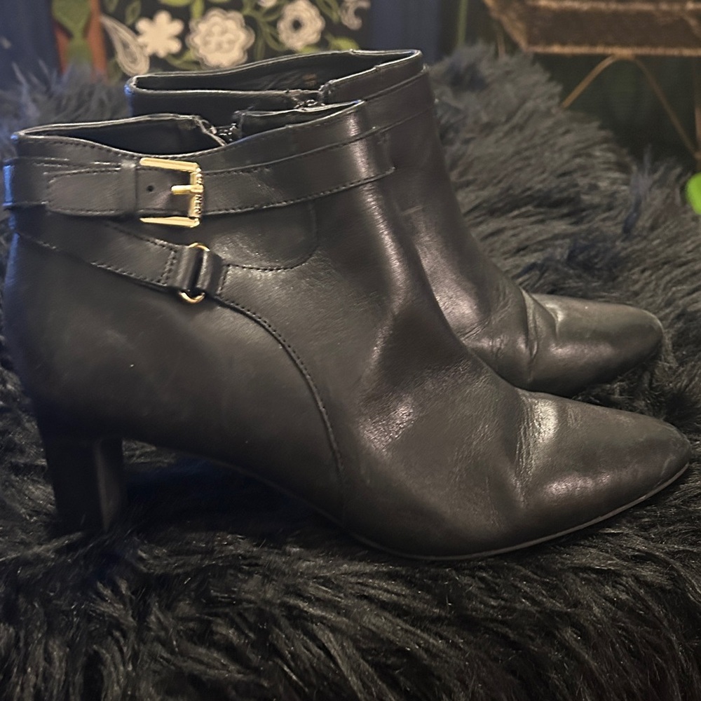 Lauren Ralph Lauren Nara Buckle Ankle Boots Women Black Leather Bootie sz 9B